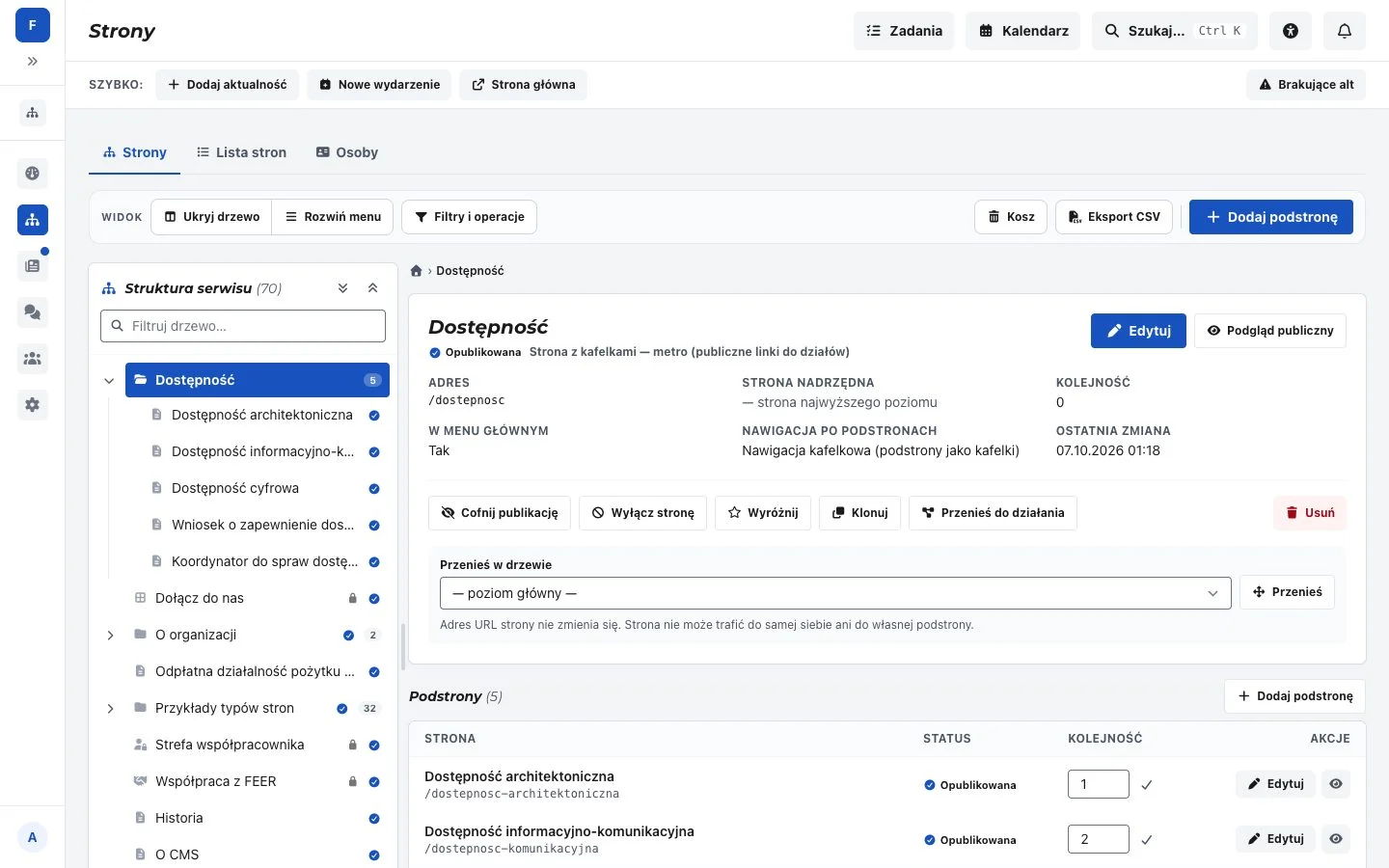 Drzewo stron w panelu z kartą wybranej strony i listą podstron