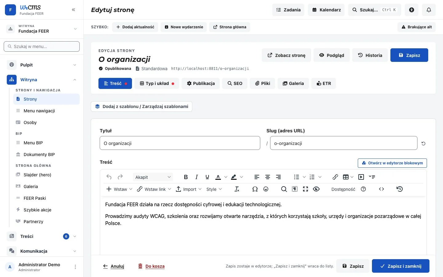 Formularz edycji strony z zakładkami Treść, Typ i układ, Publikacja, SEO, Pliki, Galeria i ETR