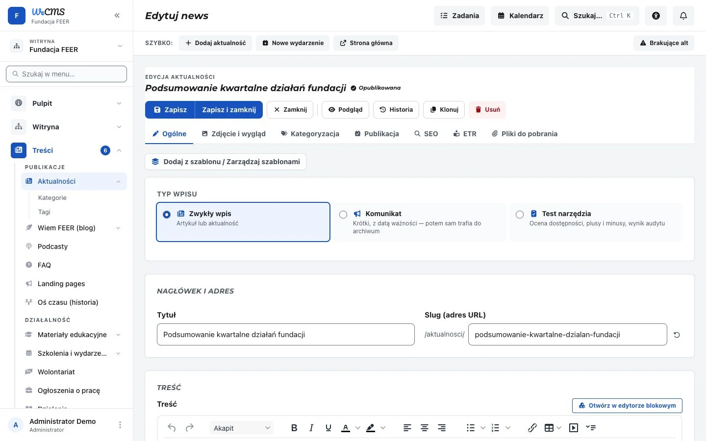 Formularz edycji aktualności z zakładkami
