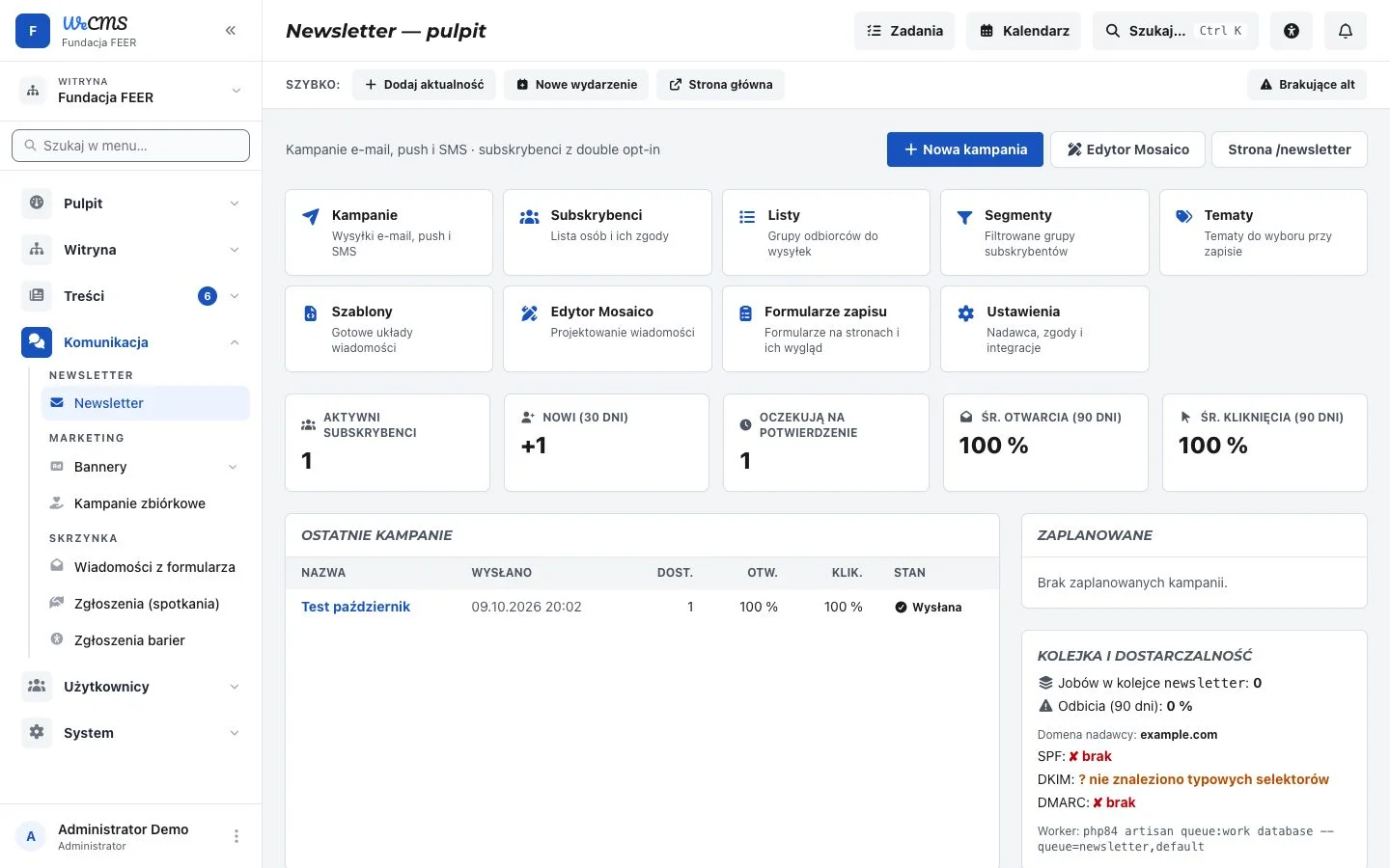 Pulpit newslettera z kampaniami, subskrybentami i statystykami