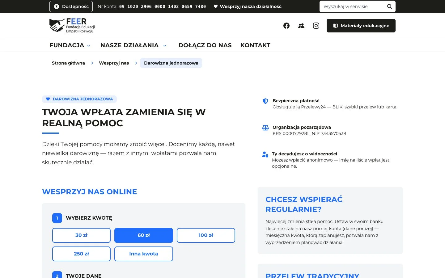 Strona darowizny online z kwotami i danymi do przelewu
