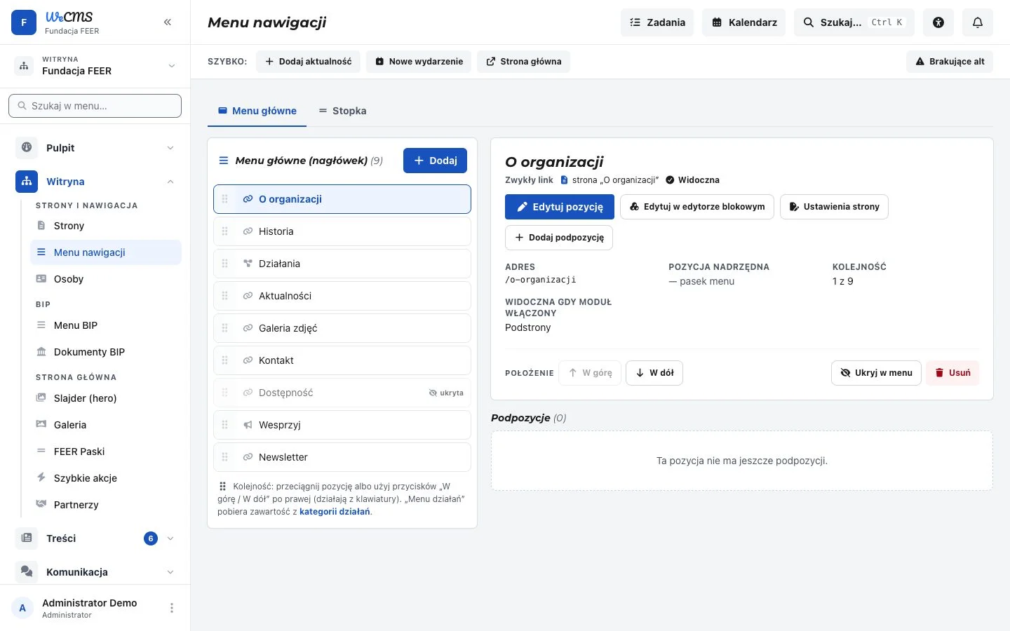 Edycja menu nawigacji w panelu