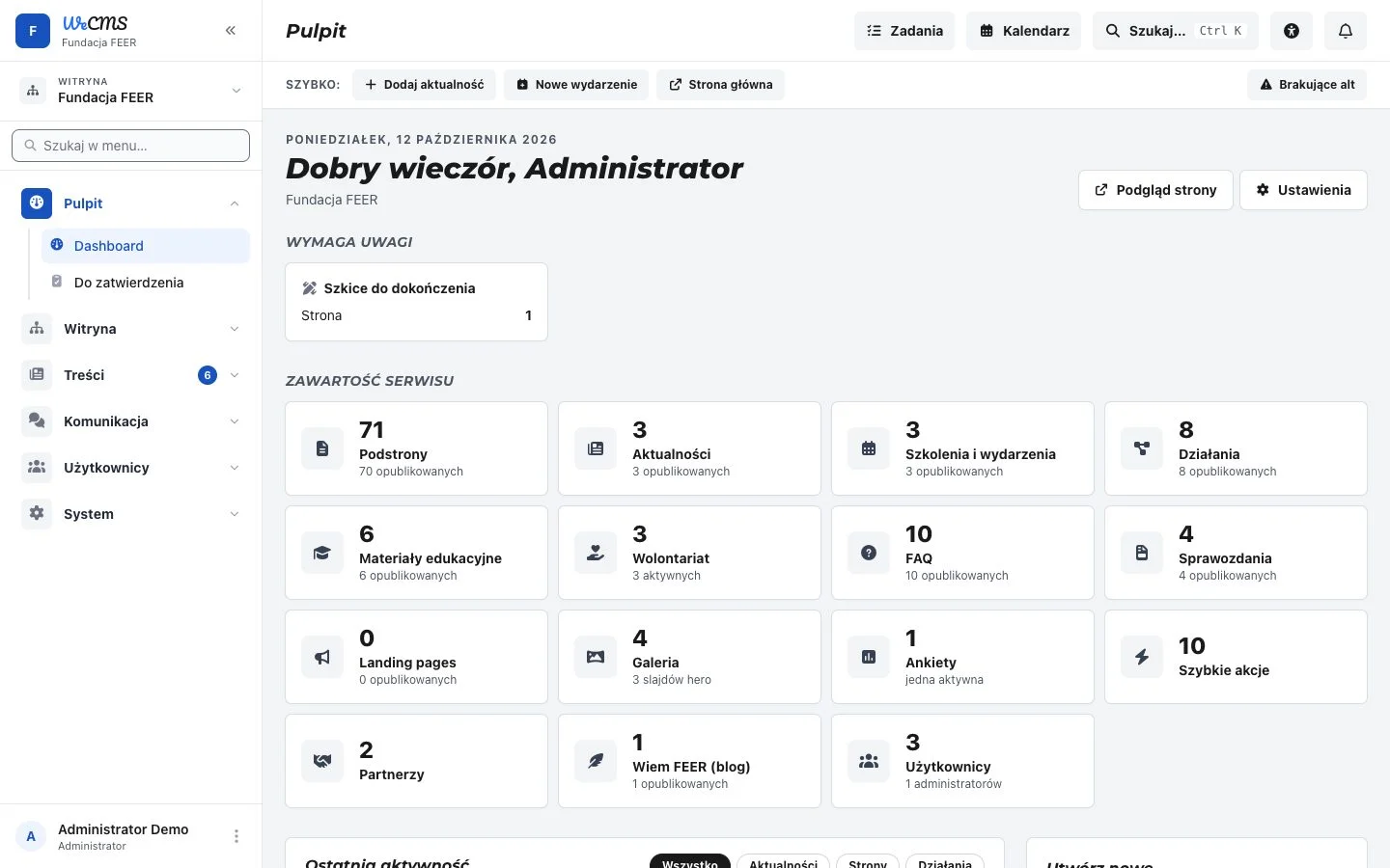 Pulpit panelu weCMS z podsumowaniem treści serwisu