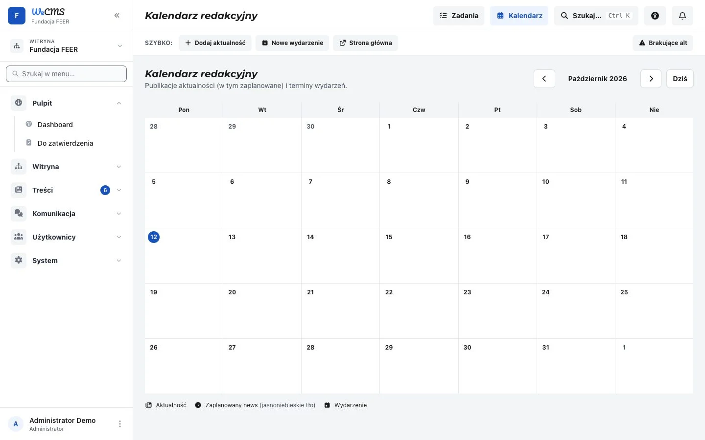 Kalendarz redakcyjny w panelu