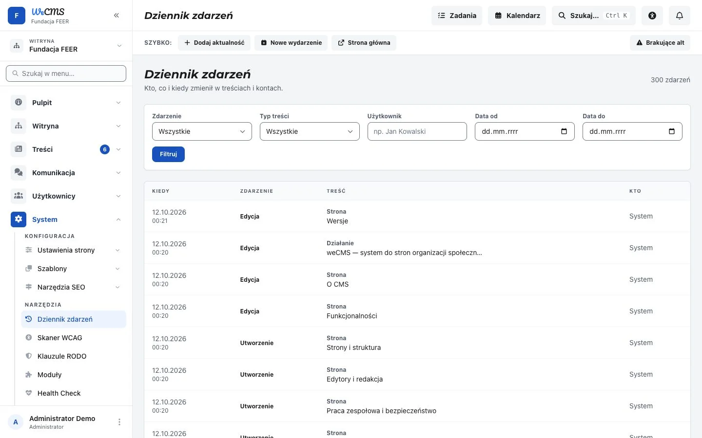Dziennik zdarzeń z filtrami